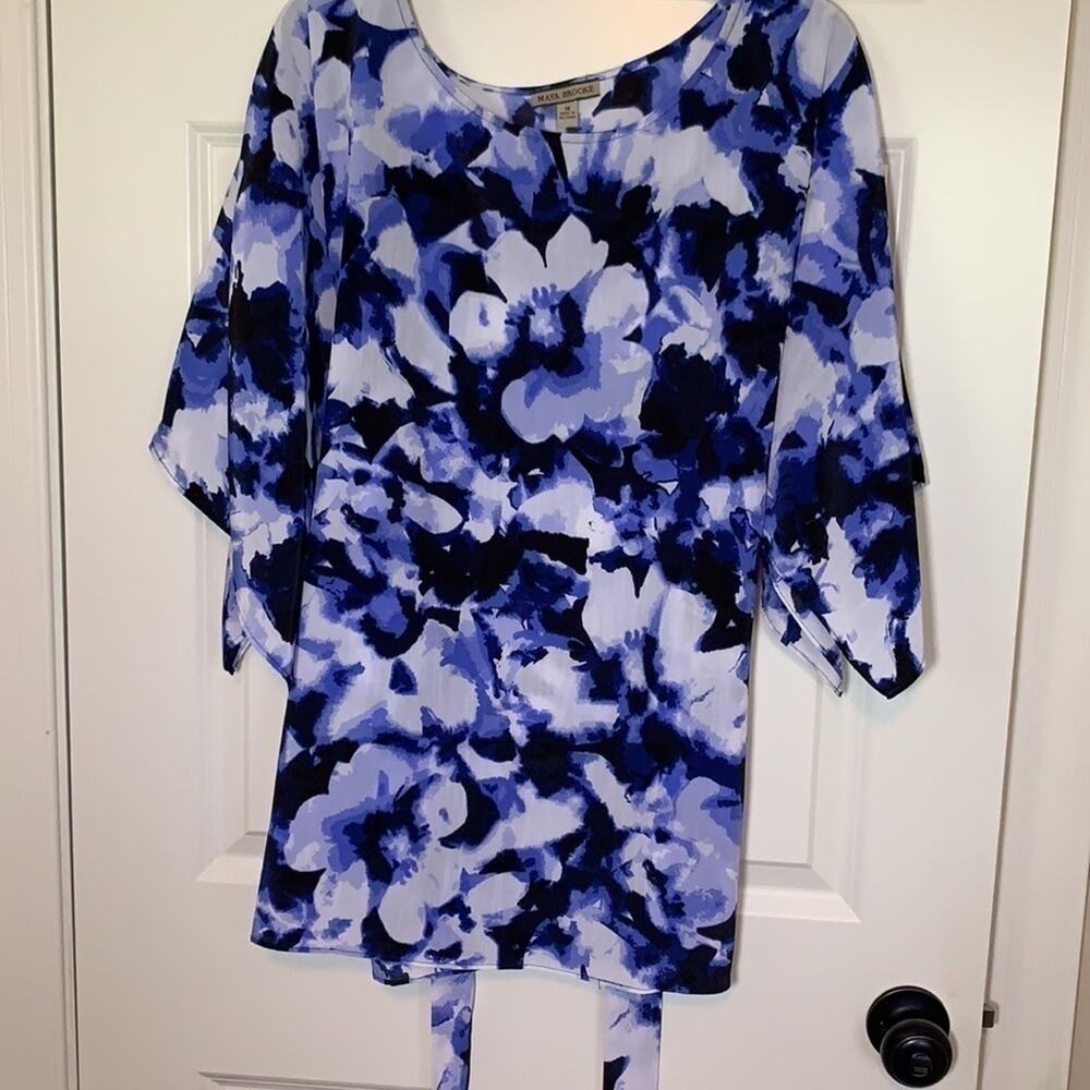 Maya Brooke floral kimono sleeve tunic tie waist purple white black size 18